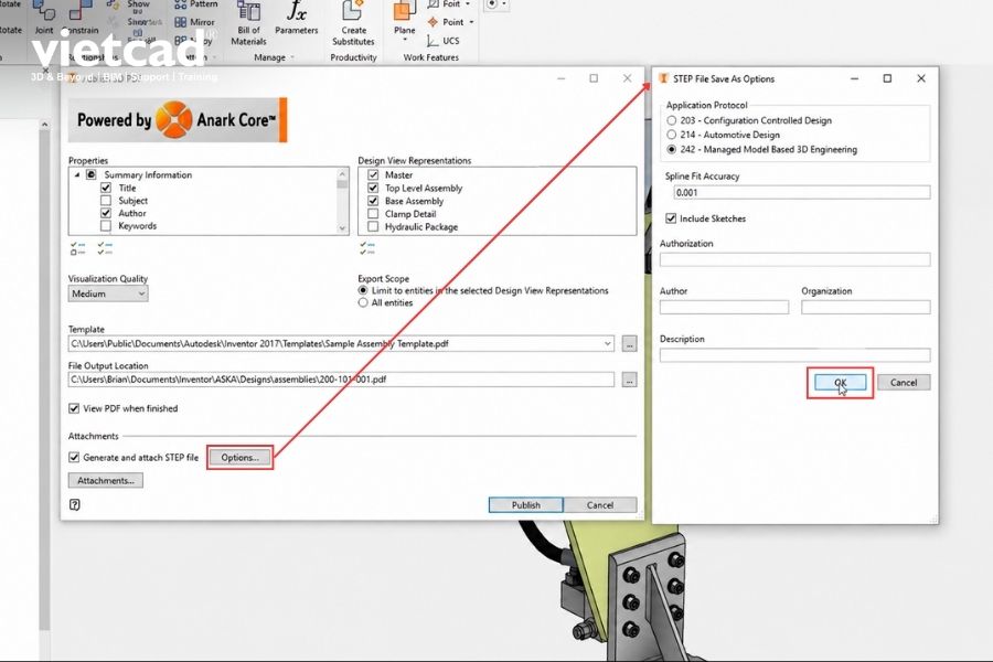 Thiết lập t&ugrave;y chọn cho file STEP trước khi đ&iacute;nh k&egrave;m v&agrave;o 3D PDF