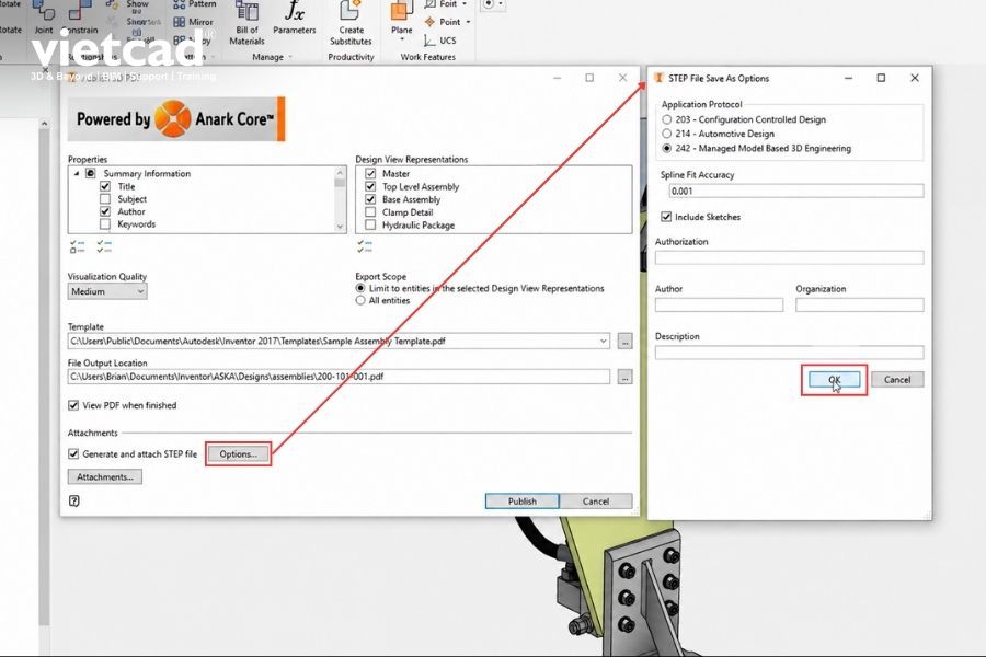 Thiết lập t&ugrave;y chọn cho file STEP trước khi đ&iacute;nh k&egrave;m v&agrave;o 3D PDF
