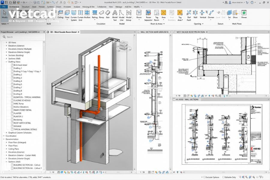 Triển khai mặt đứng, mặt cắt v&agrave; hồ sơ thiết kế từ m&ocirc; h&igrave;nh Revit