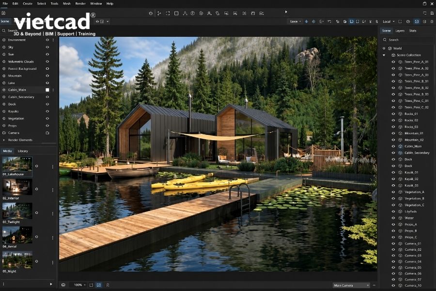 Workflow trong phần mềm render bao gồm quản l&yacute; scene, camera, asset v&agrave; m&ocirc;i trường trước khi chuyển sang final rendering