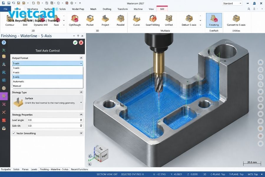 Giao diện Mastercam EverPath với c&aacute;c t&ugrave;y chọn Tool Axis Control cho gia c&ocirc;ng 5 trục