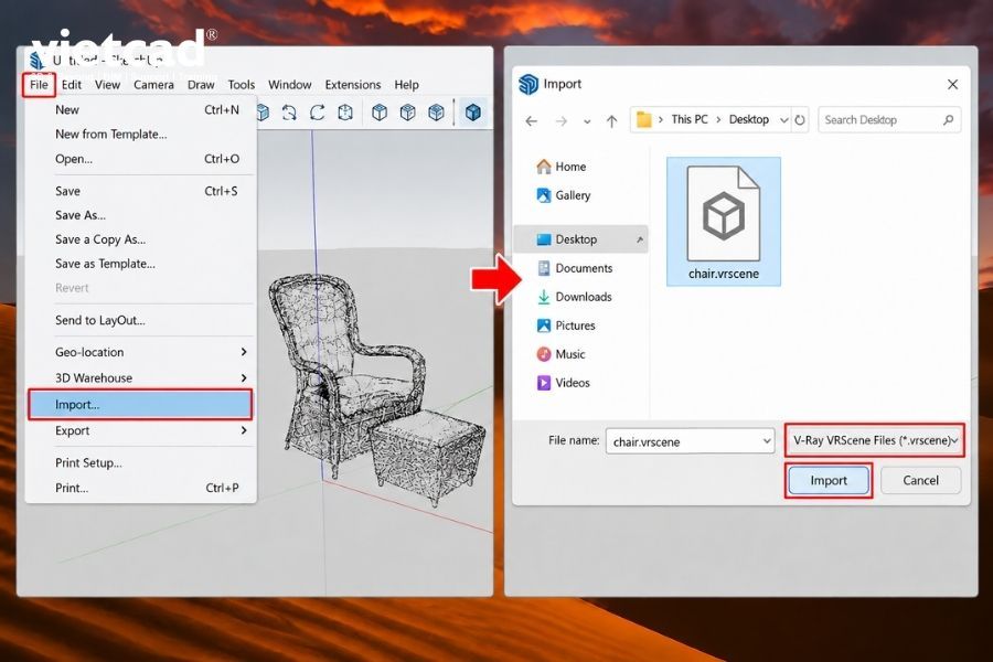 Import file .vrscene v&agrave;o SketchUp để tiếp tục chỉnh sửa model