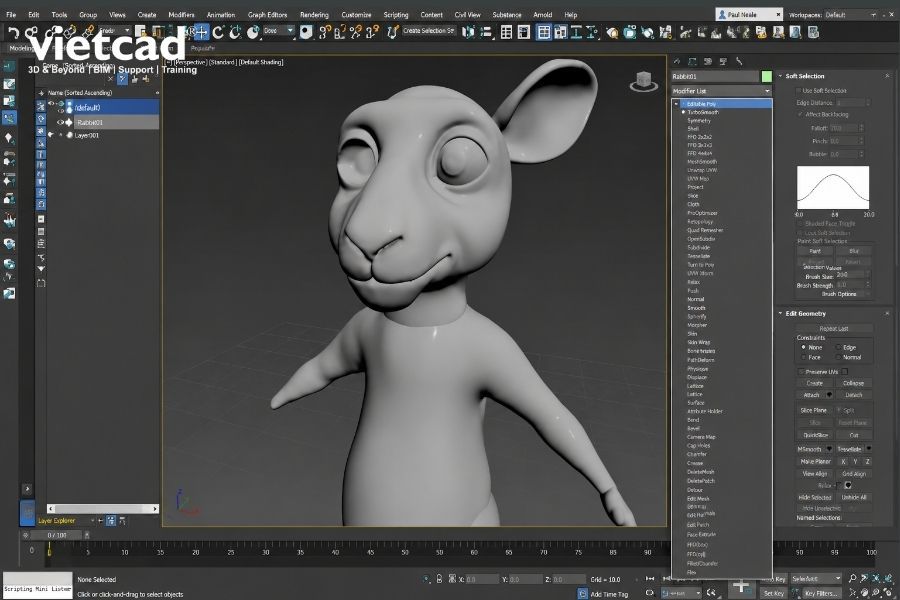 M&ocirc; h&igrave;nh nh&acirc;n vật đang được chỉnh sửa bằng Soft Selection v&agrave; Modifier List trong Autodesk 3ds Max, minh họa quy tr&igrave;nh modeling non-destructive