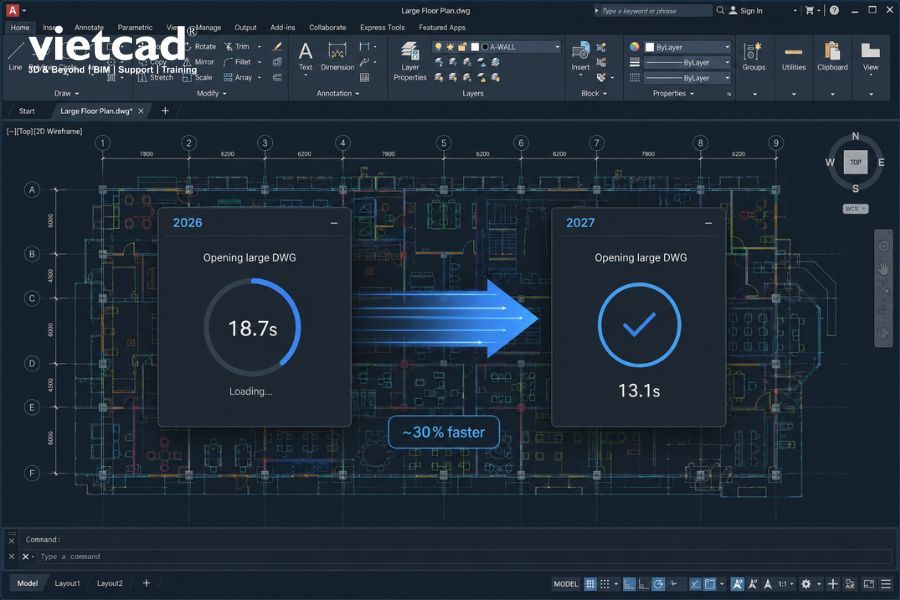 Minh họa khả năng mở file DWG dung lượng lớn tr&ecirc;n AutoCAD 2027 nhanh hơn khoảng 30% so với phi&ecirc;n bản trước, gi&uacute;p giảm thời gian chờ khi l&agrave;m việc với bản vẽ phức tạp