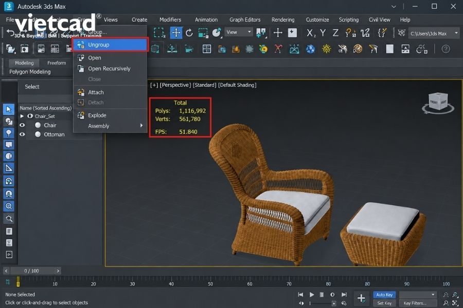 Kiểm tra số lượng Poly, hover v&agrave;o Group v&agrave; chọn Ungoup trước khi chuyển file 3ds Max sang SketchUp
