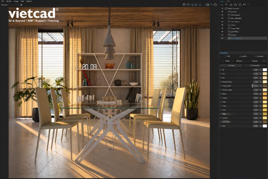 Kh&ocirc;ng gian ph&ograve;ng ăn 3D được tinh chỉnh &aacute;nh s&aacute;ng bằng LightMix, tạo hiệu ứng &aacute;nh nắng tự nhi&ecirc;n v&agrave; c&acirc;n bằng giữa &aacute;nh s&aacute;ng trong nh&agrave; với m&ocirc;i trường b&ecirc;n ngo&agrave;i