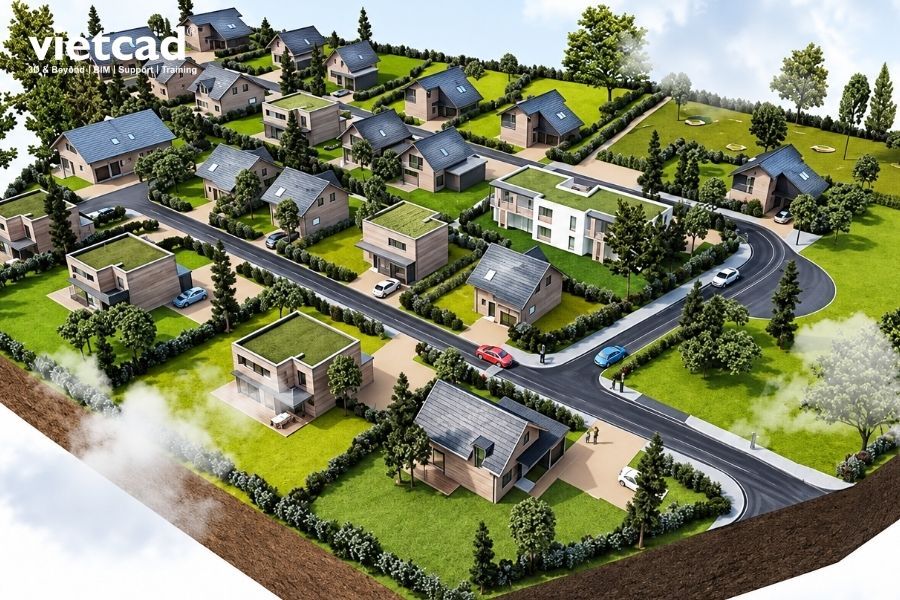 Scene quy m&ocirc; lớn với nhiều geometry, vegetation v&agrave; asset l&agrave;m tăng workload, cho thấy vai tr&ograve; của render nodes v&agrave; Distributed Rendering khi studio cần scale production