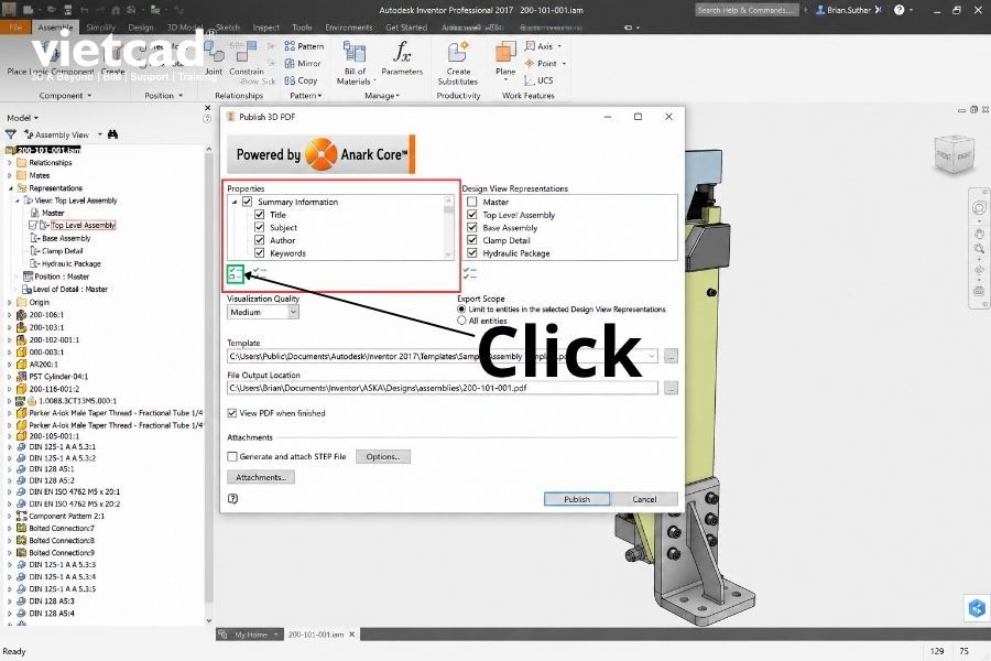 Cửa sổ Publish 3D PDF cho ph&eacute;p lựa chọn th&ocirc;ng tin v&agrave; thuộc t&iacute;nh của m&ocirc; h&igrave;nh muốn đưa v&agrave;o file PDF