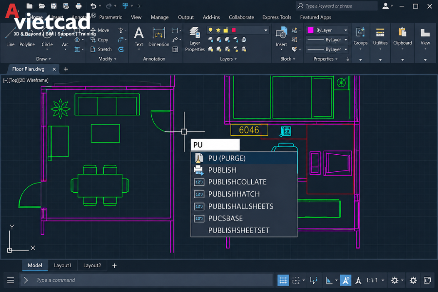 Lệnh PURGE (PU) trong AutoCAD d&ugrave;ng để x&oacute;a c&aacute;c đối tượng v&agrave; Block kh&ocirc;ng c&ograve;n được sử dụng