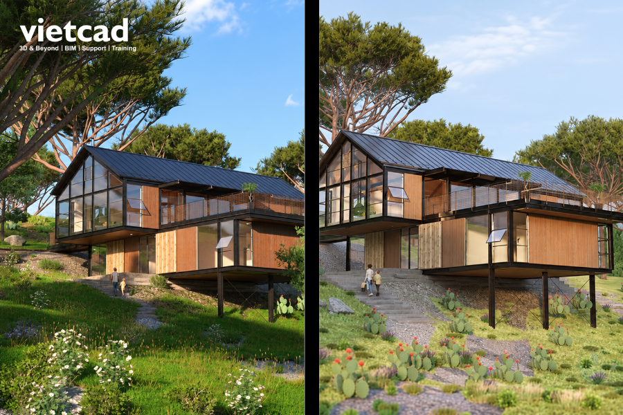So s&aacute;nh chất lượng render giữa V-Ray (tr&aacute;i) v&agrave; Enscape (phải) cho c&ugrave;ng một c&ocirc;ng tr&igrave;nh kiến tr&uacute;c