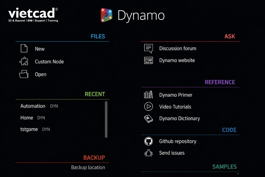Giao diện Dynamo với c&aacute;c t&ugrave;y chọn tạo v&agrave; mở Dynamo Script