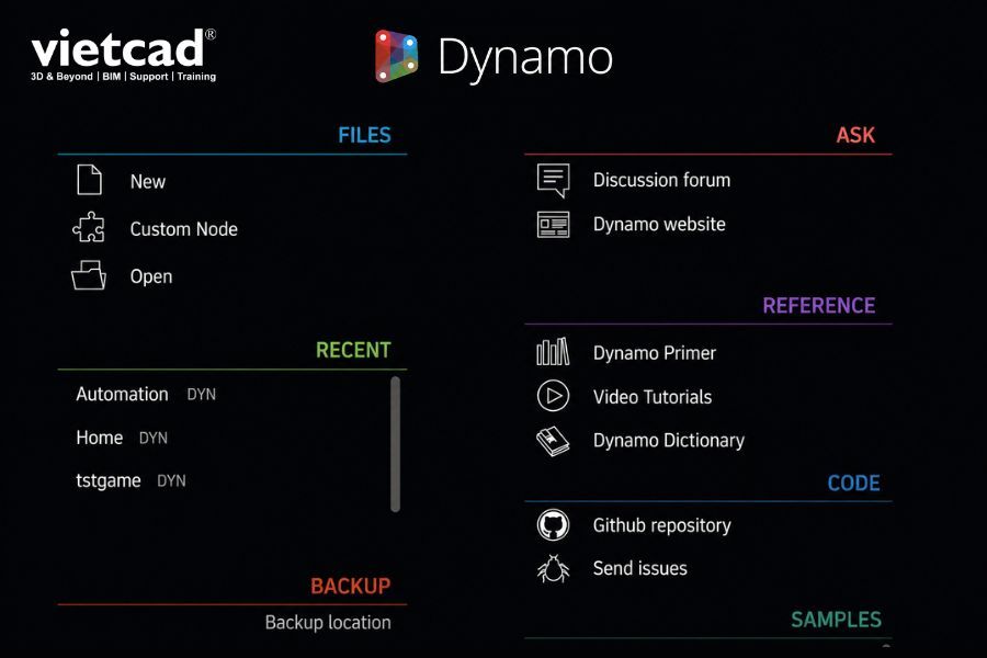 Giao diện Dynamo với c&aacute;c t&ugrave;y chọn tạo v&agrave; mở Dynamo Script