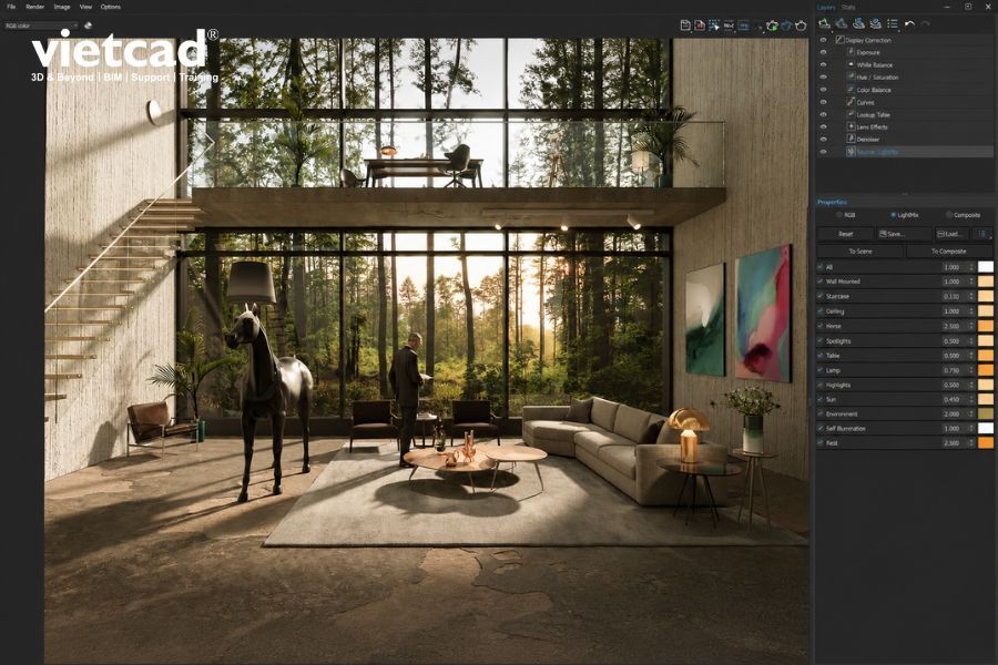 V-Ray Frame Buffer với LightMix cho ph&eacute;p điều chỉnh v&agrave; c&acirc;n bằng từng nguồn s&aacute;ng trong kh&ocirc;ng gian nội thất 3D