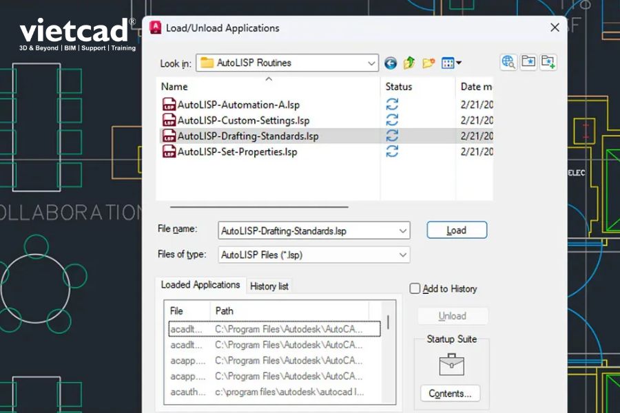 Load/Unload Applications trong AutoCAD LT, gi&uacute;p tải v&agrave; quản l&yacute; c&aacute;c tệp AutoLISP phục vụ tự động h&oacute;a c&ocirc;ng việc