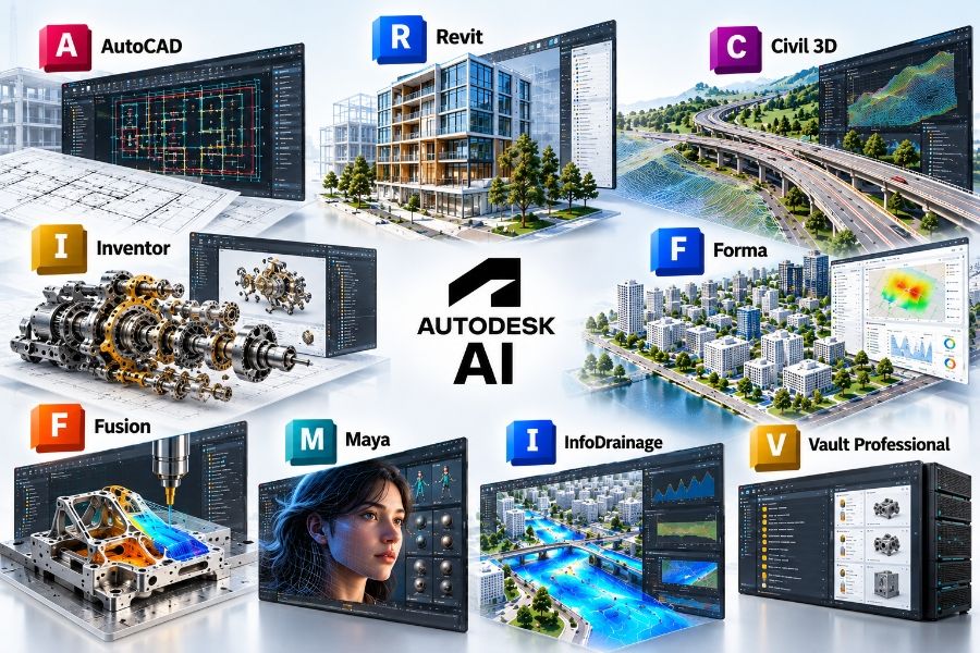 Autodesk AI được t&iacute;ch hợp v&agrave;o nhiều phần mềm như AutoCAD, Revit, Civil 3D, Inventor v&agrave; Fusion, hỗ trợ c&aacute;c t&aacute;c vụ thiết kế, ph&acirc;n t&iacute;ch v&agrave; tự động h&oacute;a theo từng lĩnh vực