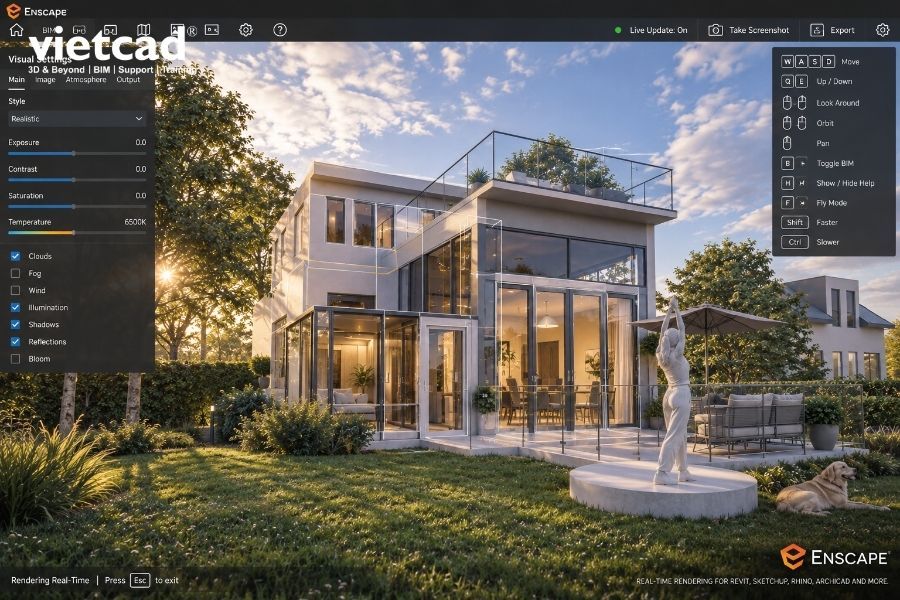 Enscape trực quan h&oacute;a m&ocirc; h&igrave;nh kiến tr&uacute;c với &aacute;nh s&aacute;ng, vật liệu v&agrave; cảnh quan trong m&ocirc;i trường realtime