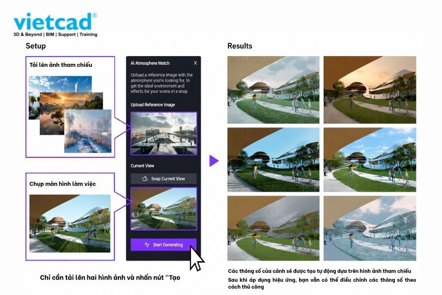 AI Atmosphere Match trong D5 Render gi&uacute;p đồng bộ quy tr&igrave;nh l&agrave;m việc bằng c&aacute;ch tự động thiết lập m&ocirc;i trường v&agrave; &aacute;nh s&aacute;ng từ ảnh tham chiếu, r&uacute;t ngắn thời gian trực quan h&oacute;a