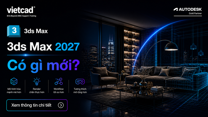 Giao diện 3ds Max 2027 với render kiến tr&uacute;c nội thất chất lượng cao