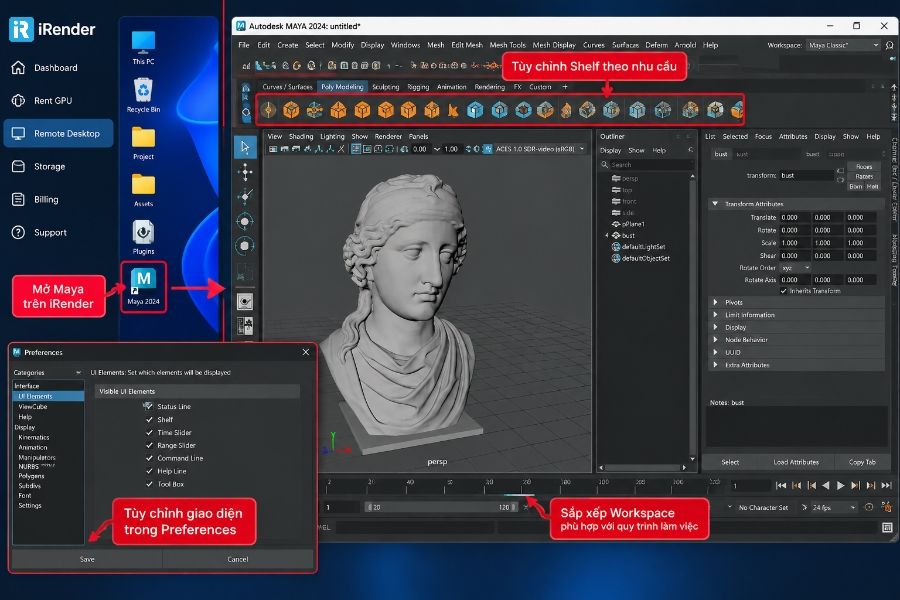 Chuẩn bị scene, plugin v&agrave; texture trước khi l&agrave;m việc tr&ecirc;n workstation iRender, đồng thời lưu lại c&aacute;c thiết lập cần thiết