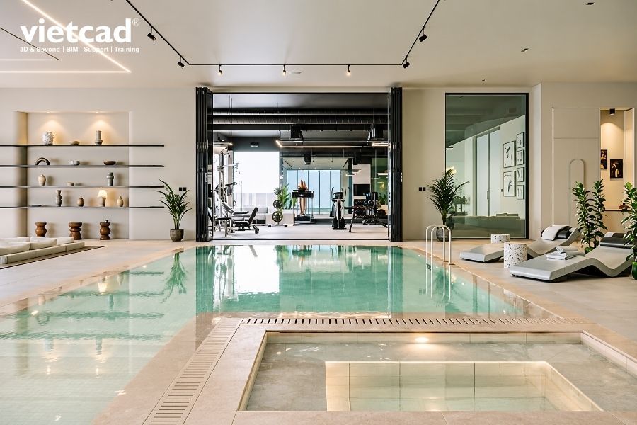Scene ArchViz kết hợp k&iacute;nh, nước, &aacute;nh s&aacute;ng v&agrave; nhiều loại vật liệu thể hiện c&aacute;c yếu tố cần xem x&eacute;t khi so s&aacute;nh khả năng render của V-Ray v&agrave; Corona