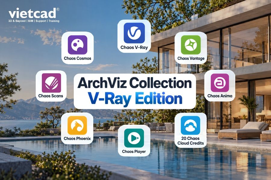 C&aacute;c phần mềm trong g&oacute;i ArchViz Collection (V-Ray Edition) bao gồm V-Ray, Chaos Cosmos, Scans, Phoenix, Player, Vantage, Anima v&agrave; 20 Chaos Cloud Credits