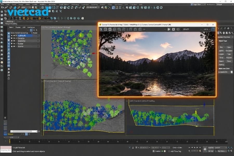 Chaos Corona for 3ds Max t&iacute;ch hợp trực tiếp trong 3ds Max, hỗ trợ thiết lập vật liệu, &aacute;nh s&aacute;ng v&agrave; render h&igrave;nh ảnh ch&acirc;n thực cho c&aacute;c dự &aacute;n kiến tr&uacute;c, nội thất