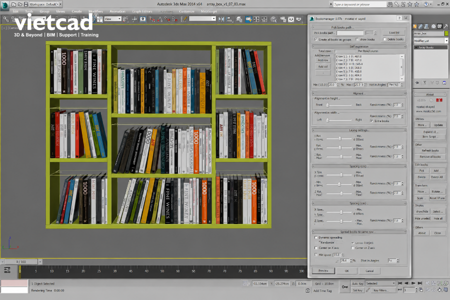 Book Manager trong 3ds Max hỗ trợ sắp xếp, nh&acirc;n bản v&agrave; tạo biến thể s&aacute;ch tr&ecirc;n kệ cho c&aacute;c dự &aacute;n thiết kế nội thất