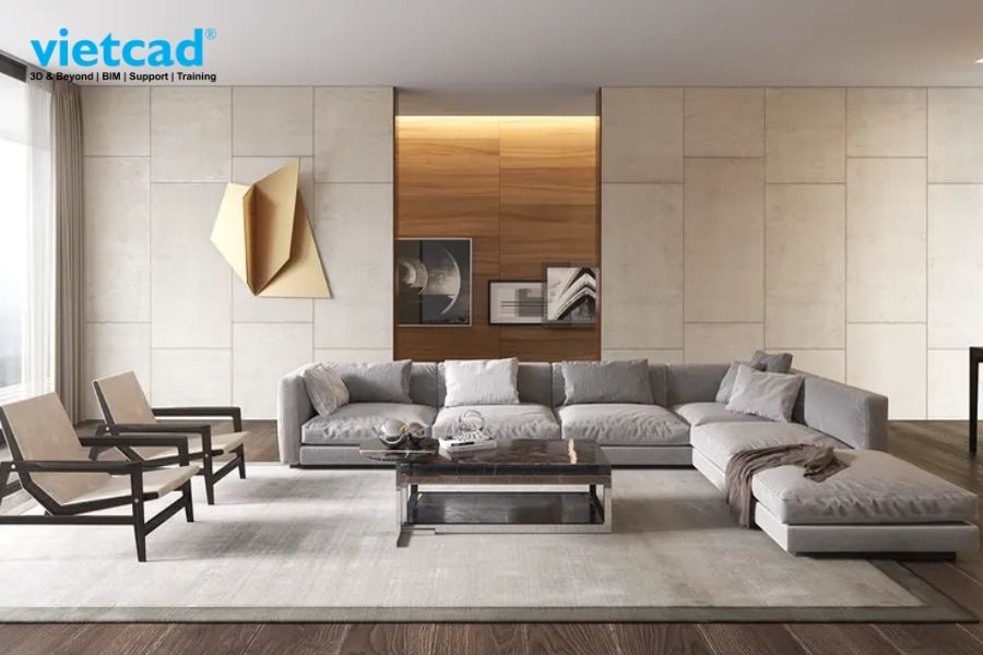 Phối cảnh ph&ograve;ng kh&aacute;ch với vật liệu, &aacute;nh s&aacute;ng v&agrave; nội thất được thể hiện ch&acirc;n thực bằng Corona Render