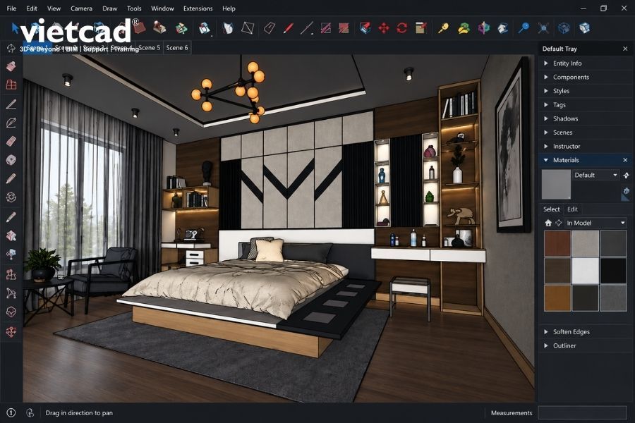 Giao diện V-Ray với m&ocirc; h&igrave;nh nội thất 3D v&agrave; c&aacute;c thiết lập render vật liệu, &aacute;nh s&aacute;ng