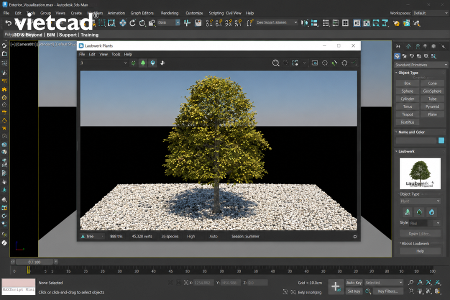 Laubwerk Plants trong 3ds Max cung cấp thư viện c&acirc;y 3D với nhiều h&igrave;nh dạng, k&iacute;ch thước v&agrave; t&ugrave;y chỉnh theo m&ugrave;a