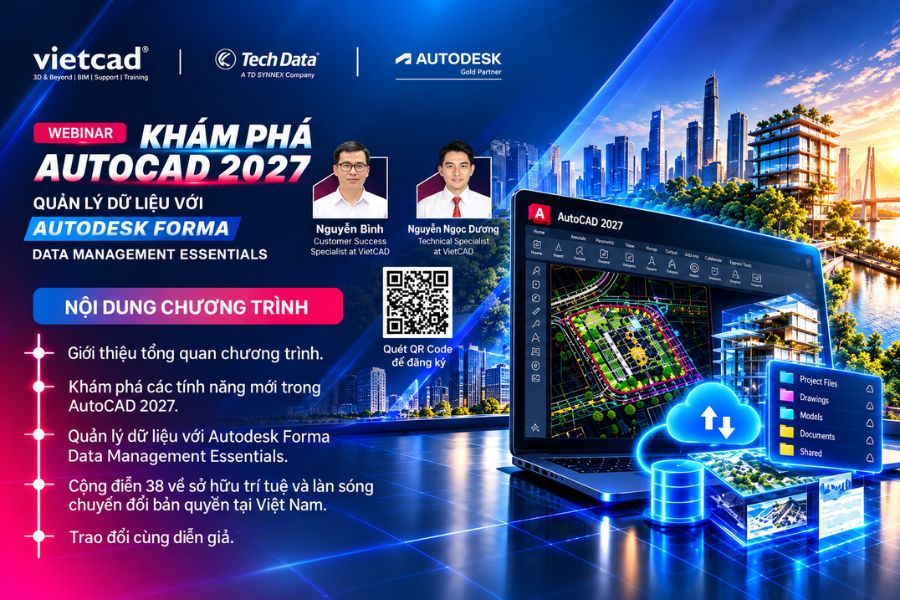 Agenda gồm c&aacute;c nội dung ch&iacute;nh về AutoCAD 2027, Autodesk Forma, C&ocirc;ng điện 38 v&agrave; phần trao đổi c&ugrave;ng diễn giả