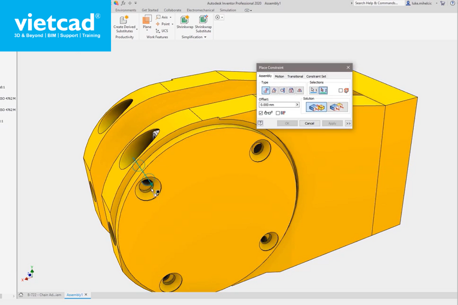 Tạo r&agrave;ng buộc lắp r&aacute;p (Assembly Constraints) gi&uacute;p kiểm tra va chạm v&agrave; chuyển động cơ kh&iacute;
