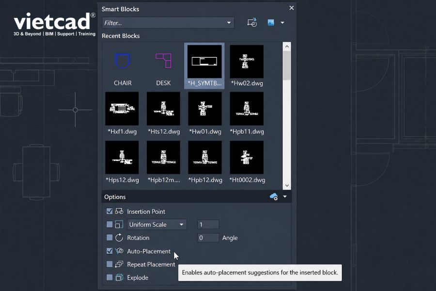 Smart Blocks trong AutoCAD 2027 hiển thị thư viện block gần đ&acirc;y c&ugrave;ng c&aacute;c t&ugrave;y chọn ch&egrave;n, tự động đặt vị tr&iacute; v&agrave; quản l&yacute; block trong bản vẽ