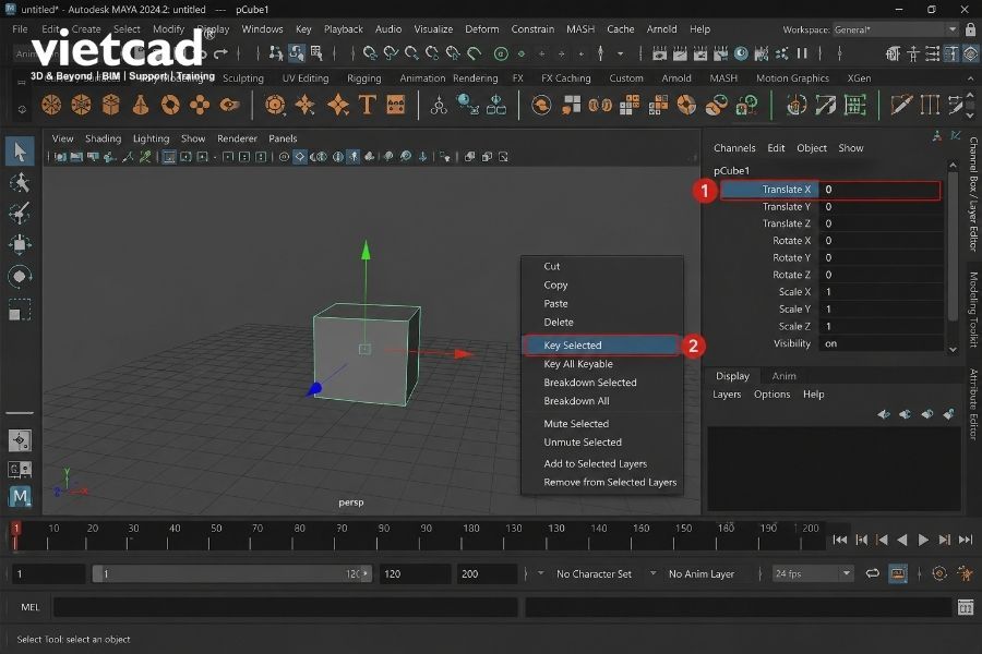 Chọn thuộc t&iacute;nh
    cần chuyển động v&agrave; sử dụng Key Selected để thiết lập keyframe trong Maya