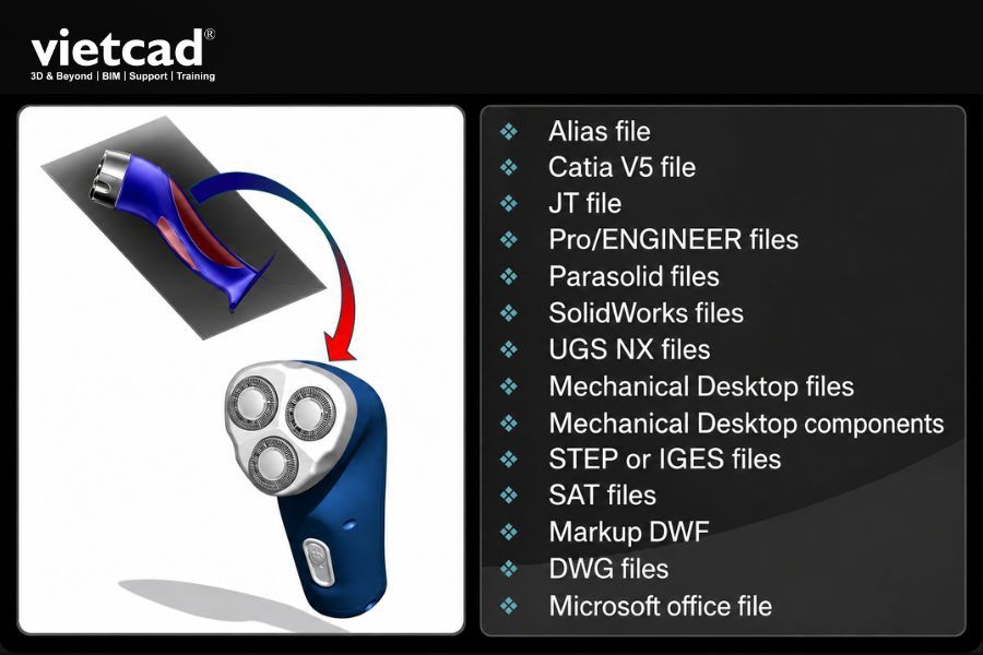 Inventor HSM hỗ trợ l&agrave;m việc với nhiều định dạng CAD như STEP, IGES, Parasolid, CATIA v&agrave; SolidWorks, gi&uacute;p chuẩn bị dữ liệu gia c&ocirc;ng CNC hiệu quả hơn