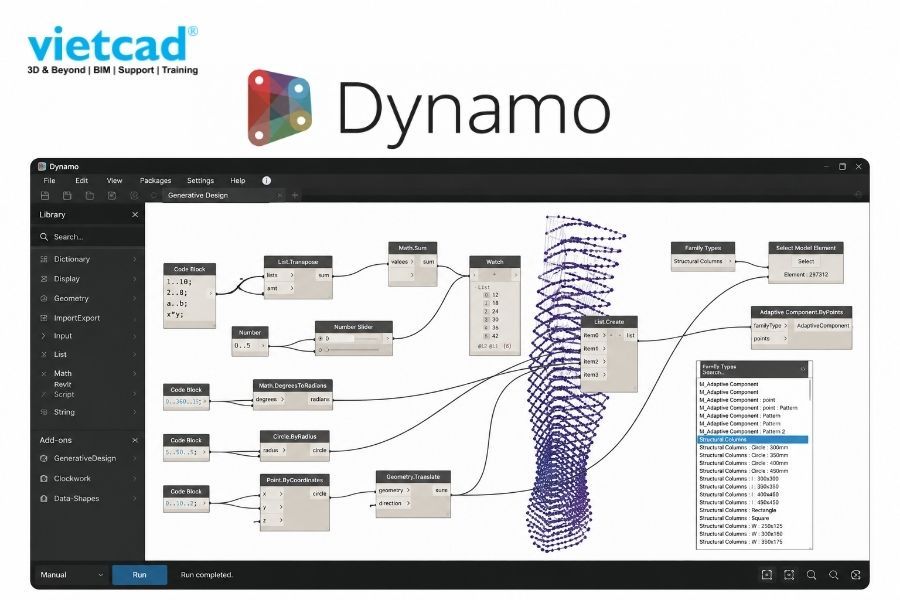 Graph trong Dynamo được tạo từ nhiều Node li&ecirc;n kết để xử l&yacute; dữ liệu v&agrave; tự động h&oacute;a quy tr&igrave;nh trong Revit