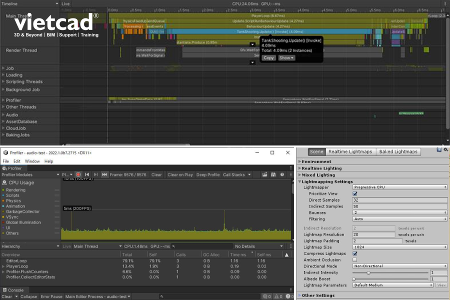 Unity Profiler theo d&otilde;i hiệu năng CPU khi xử l&yacute; project v&agrave; c&aacute;c t&aacute;c vụ như lighting, baking