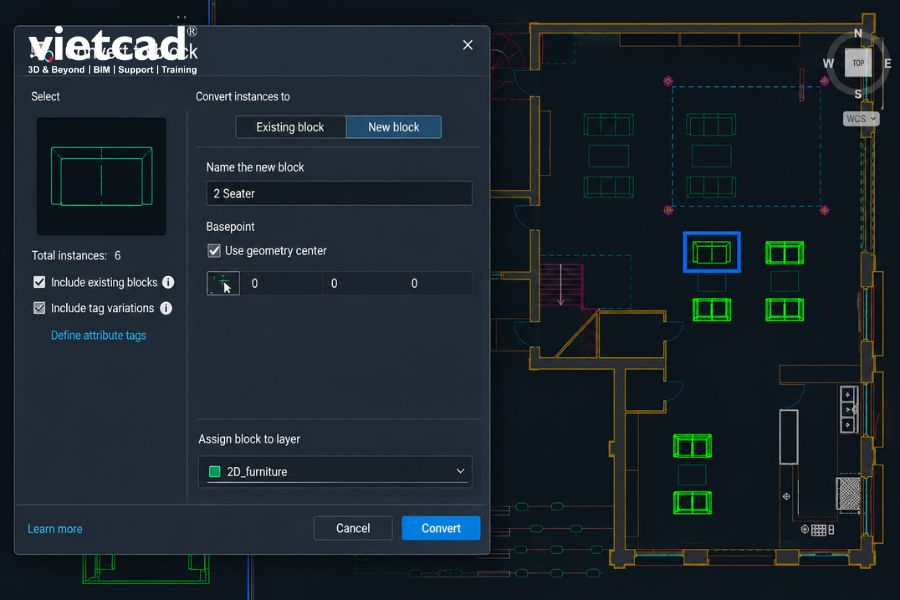 T&iacute;nh năng Convert to Block trong AutoCAD LT gi&uacute;p nhận diện v&agrave; chuyển c&aacute;c đối tượng tương tự th&agrave;nh block để quản l&yacute; bản vẽ hiệu quả hơn