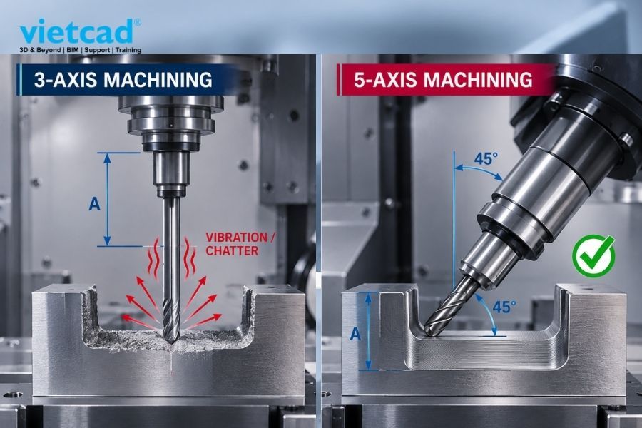 So s&aacute;nh chuyển động giữa gia c&ocirc;ng 3 trục v&agrave; 5 trục, từ c&aacute;c trục tuyến t&iacute;nh X, Y, Z đến khả năng điều khiển hướng dao tr&ecirc;n c&aacute;c trục quay