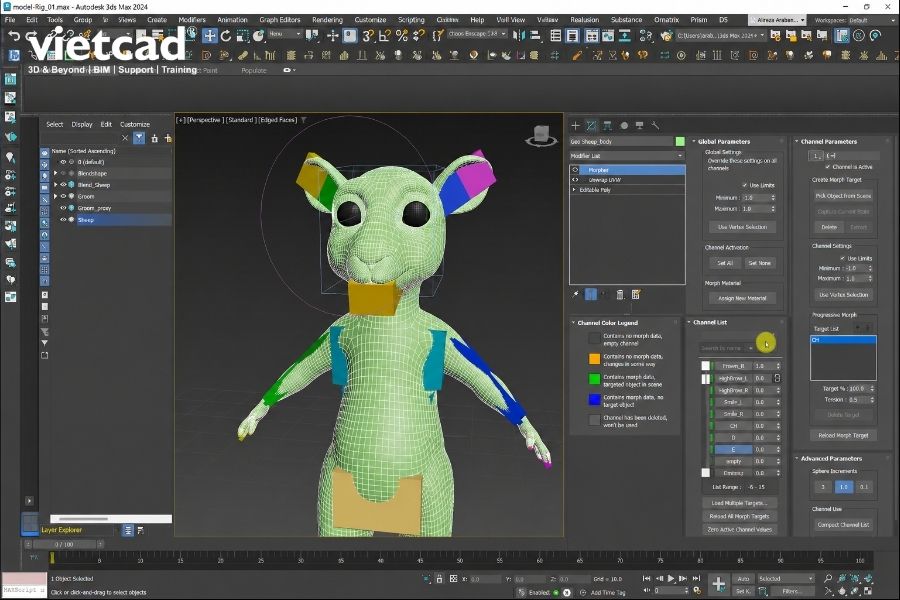 C&ocirc;ng cụ Morpher v&agrave; Channel List trong 3ds Max gi&uacute;p kiểm so&aacute;t biến dạng h&igrave;nh dạng v&agrave; biểu cảm nh&acirc;n vật, hỗ trợ quy tr&igrave;nh tạo asset