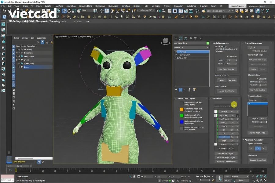 C&ocirc;ng cụ Morpher v&agrave; Channel List trong 3ds Max gi&uacute;p kiểm so&aacute;t biến dạng h&igrave;nh dạng v&agrave; biểu cảm nh&acirc;n vật, hỗ trợ quy tr&igrave;nh tạo asset