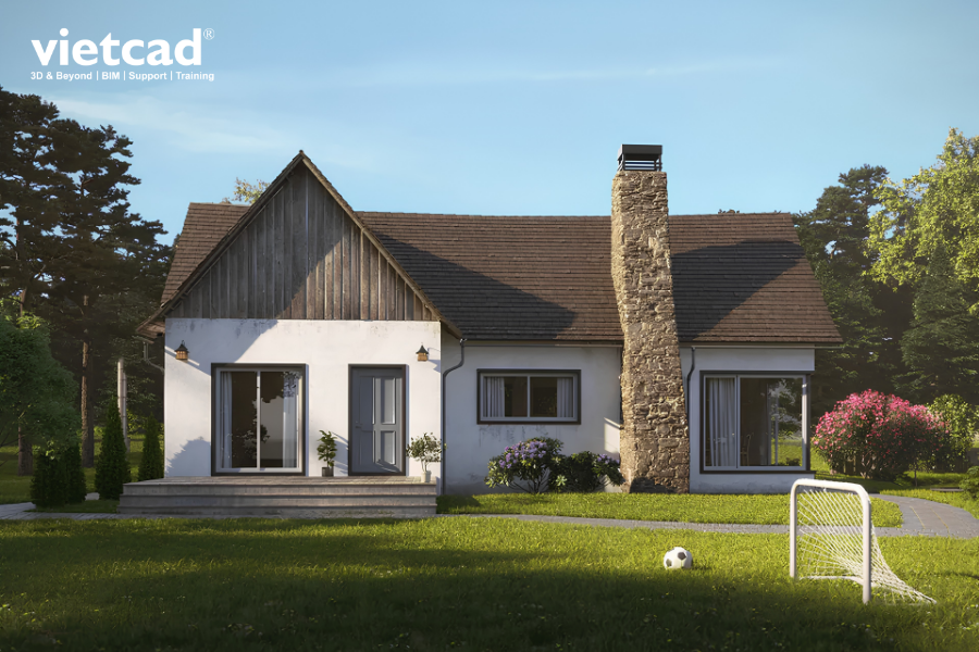 Render ngoại thất nh&agrave; ở bằng Corona Renderer với &aacute;nh s&aacute;ng ban ng&agrave;y v&agrave; cảnh quan trong scene 3D