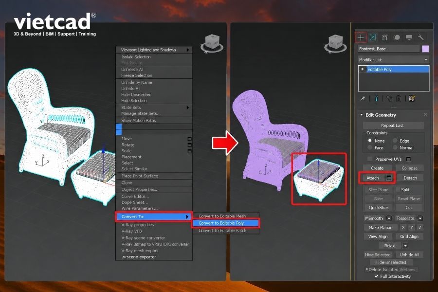 Chuyển model sang Editable Poly v&agrave; d&ugrave;ng Attach để gộp c&aacute;c object cần xử l&yacute;
