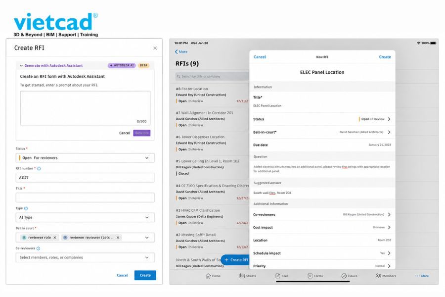 Quick RFI Create tr&ecirc;n mobile hỗ trợ tạo RFI bằng AI trong Autodesk Forma