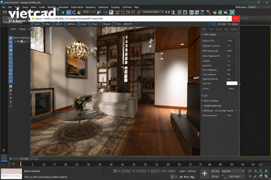 Giao diện Corona Renderer trong 3ds Max hỗ trợ thiết lập &aacute;nh s&aacute;ng, vật liệu v&agrave; render h&igrave;nh ảnh kiến tr&uacute;c ch&acirc;n thực