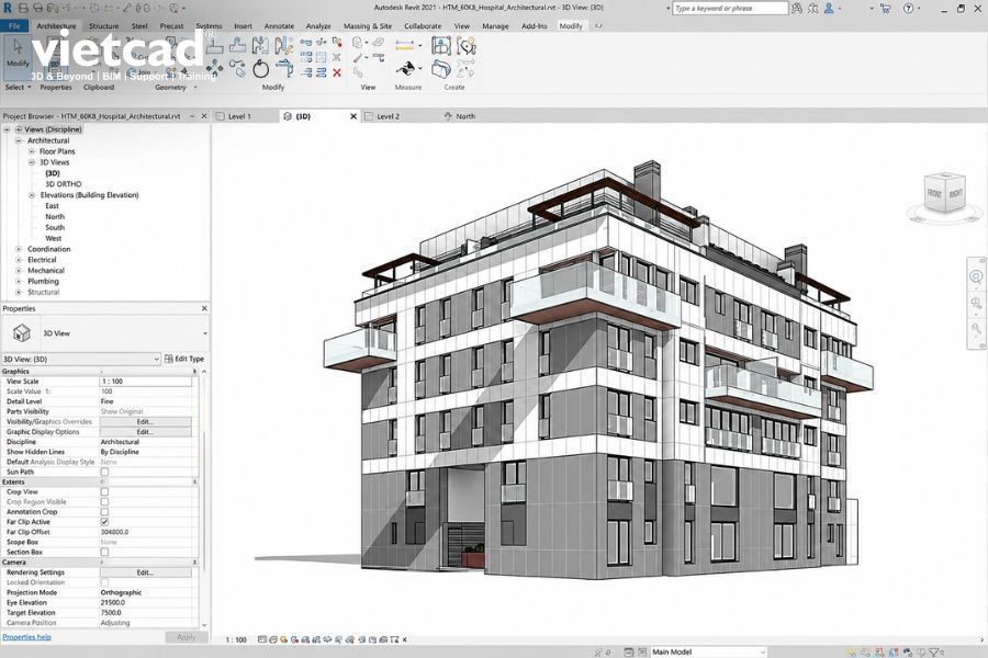 M&ocirc; h&igrave;nh BIM 3D c&ocirc;ng tr&igrave;nh kiến tr&uacute;c trong Autodesk Revit