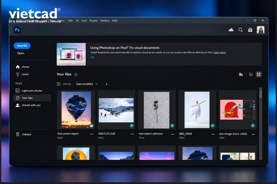 Adobe Photoshop kết nối với hệ sinh th&aacute;i Creative Cloud để quản l&yacute; v&agrave; tiếp tục sử dụng t&agrave;i nguy&ecirc;n s&aacute;ng tạo tr&ecirc;n c&aacute;c thiết bị