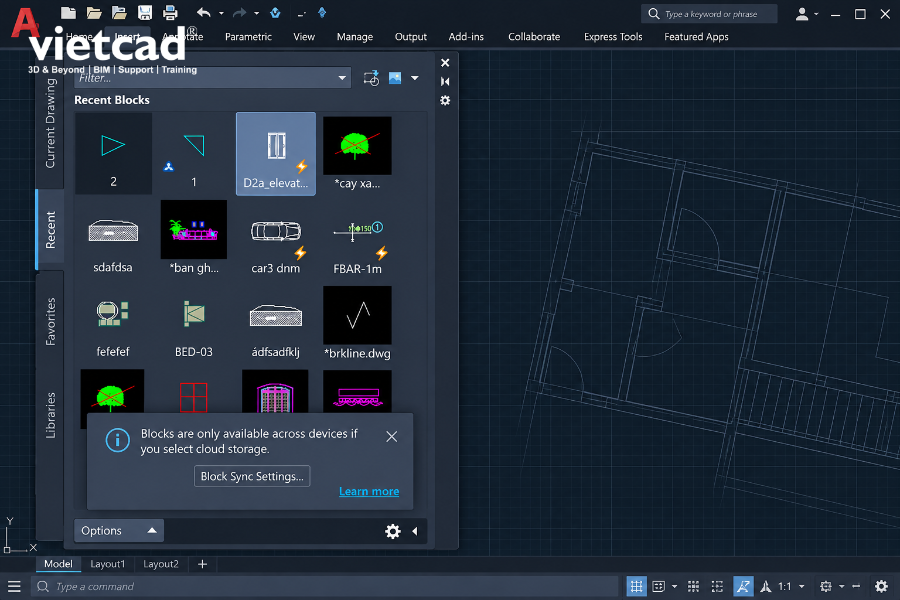 Recent Blocks trong Blocks Palette của AutoCAD, hiển thị c&aacute;c Block được sử dụng gần đ&acirc;y