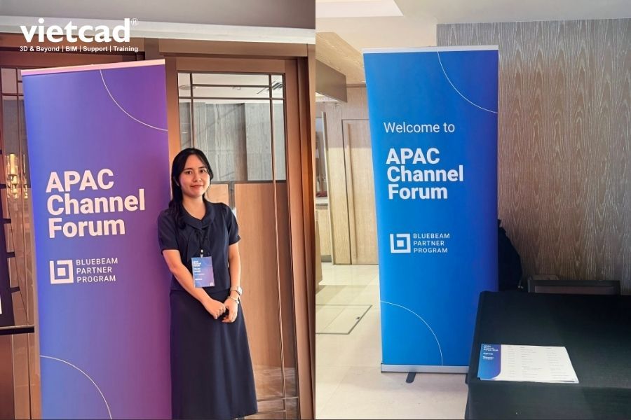 VietCAD tham dự Bluebeam APAC Channel Forum tại Singapore, ghi lại kh&ocirc;ng gian sự kiện c&ugrave;ng khu vực check-in v&agrave; banner APAC Channel Forum của Bluebeam