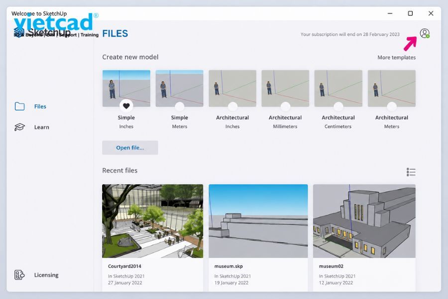 Khởi động SketchUp v&agrave; chọn hồ sơ t&agrave;i khoản ở g&oacute;c tr&ecirc;n b&ecirc;n phải để kiểm tra hoặc quản l&yacute; th&ocirc;ng tin đăng nhập